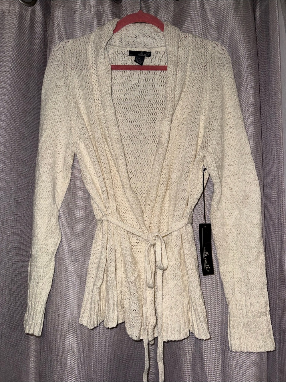 Willi Smith Cream Tie-Waist Knit Cardigan